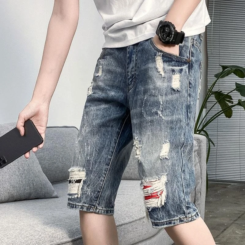 Xl Men'S Fashion - Half Ripped Baggy Loose Straight Male
