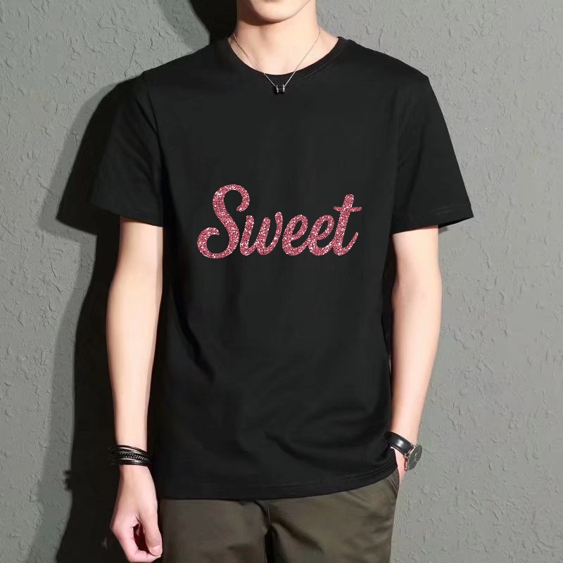 Men'S Fashion Pink Shirt - Men's Black Round-Neck Short-Sleeved T-Shirt, Pink