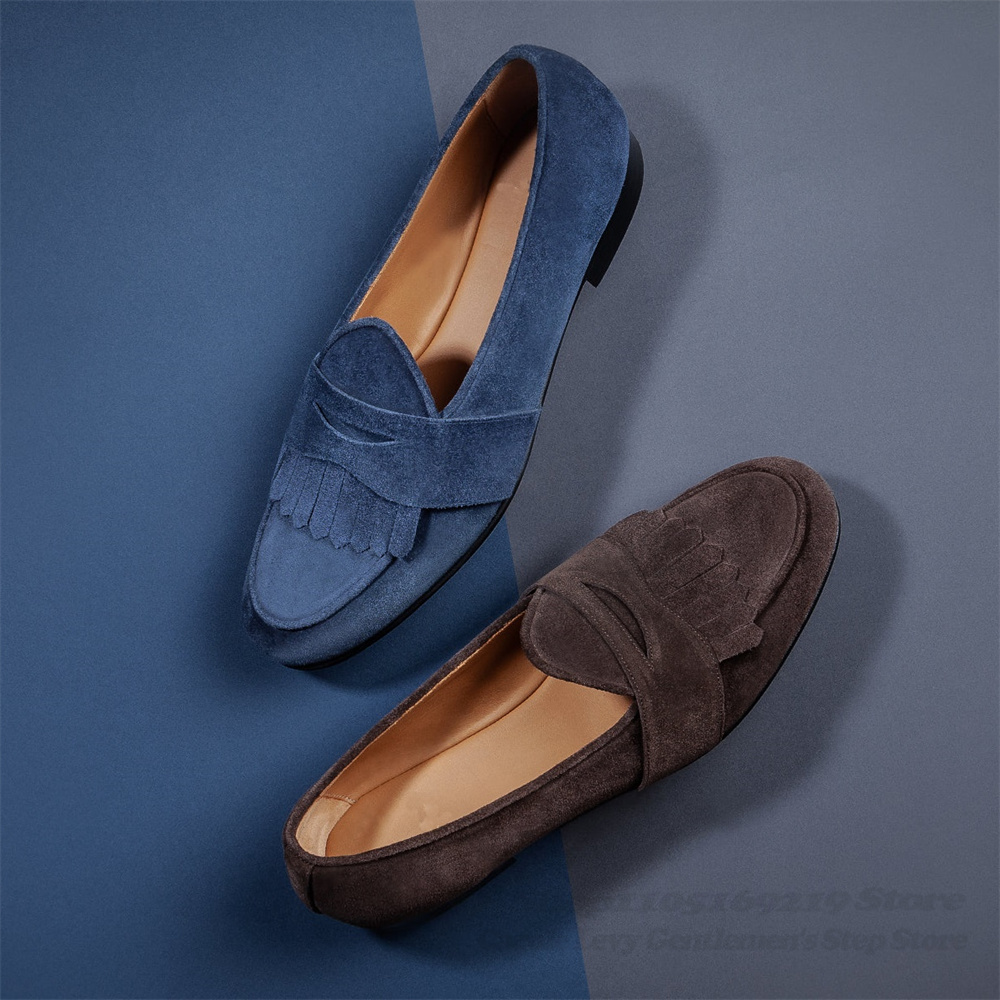 Suede Loafers Men - Navy Blue Suede Loafers Men Round